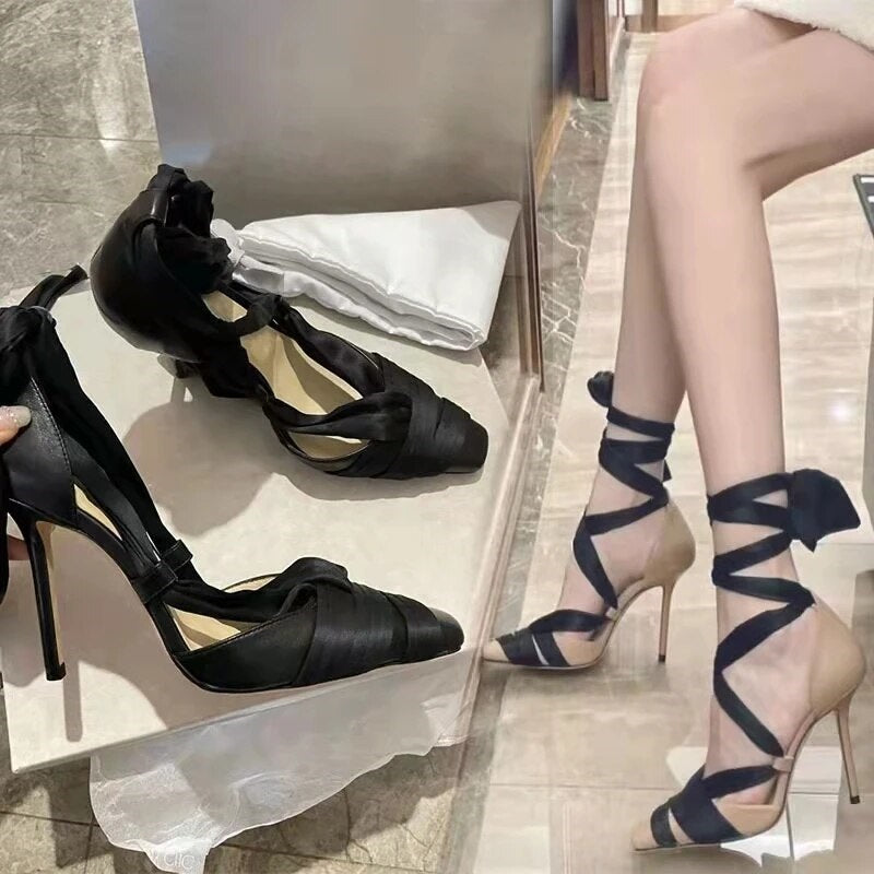 Shoes Square Head Cross Strap Stiletto - Laxe Online